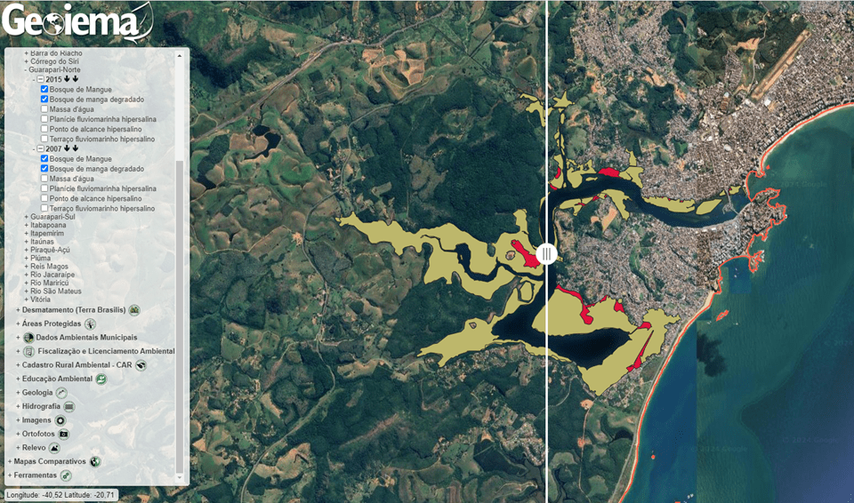 Mapa georreferenciado da área de atuação do projeto Vozes dos Manguezais na plataforma Restor