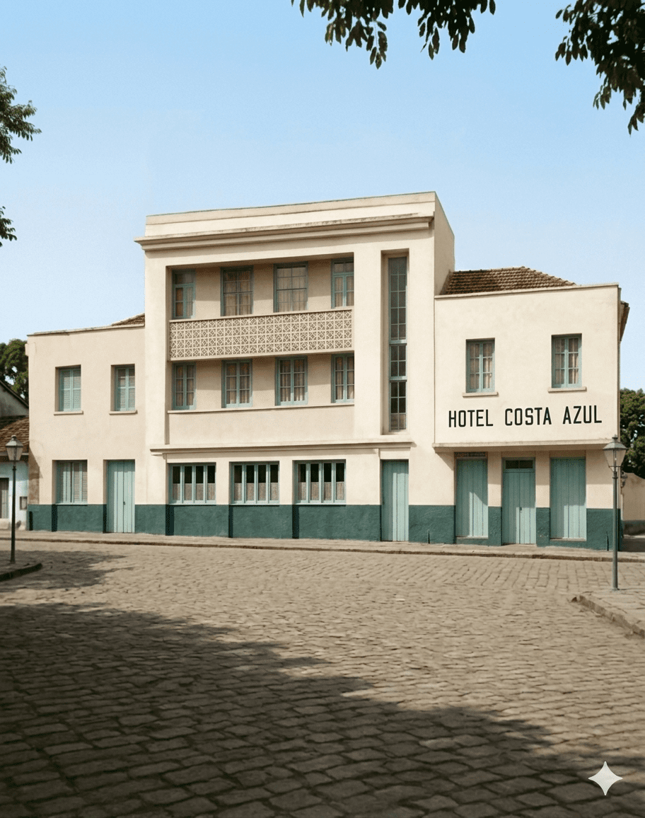 Registro histórico colorizado do Hotel Costa Azul em Iriri, Anchieta-ES — década de 1950