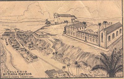 Gravura artística do Colégio Dona Maria Mattos, Anchieta, anos 1950 — fachada neoclássica em esplendor original